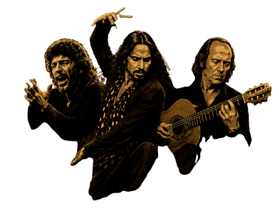 Ilustracion de un cantaor, un bailaor y un guitarrista flamencos